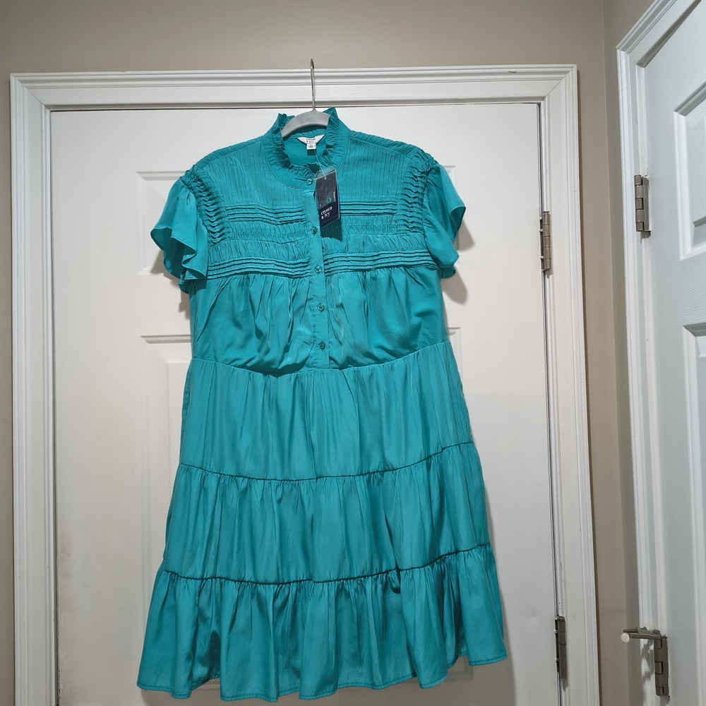NWT Crown & Ivy Touquise Pintuck Lined Dress With Flutter Sleeves Size Large